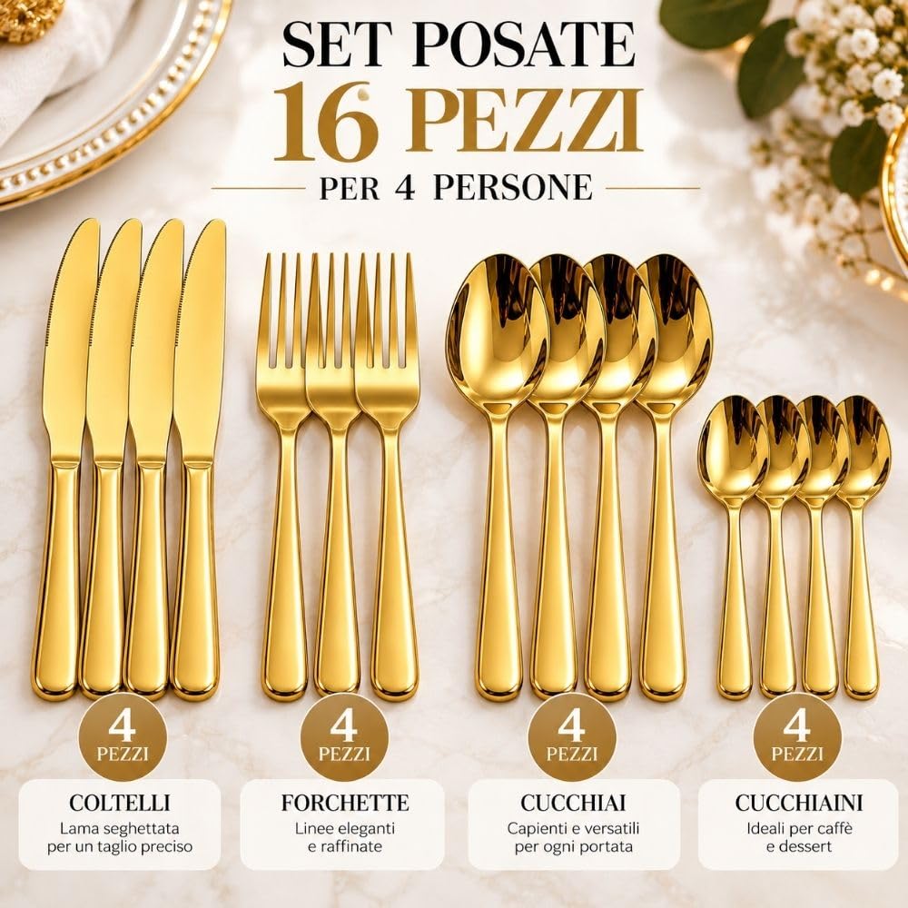 Cecaro Group Set Posate Oro 16 Pezzi Acciaio per 4 Persone