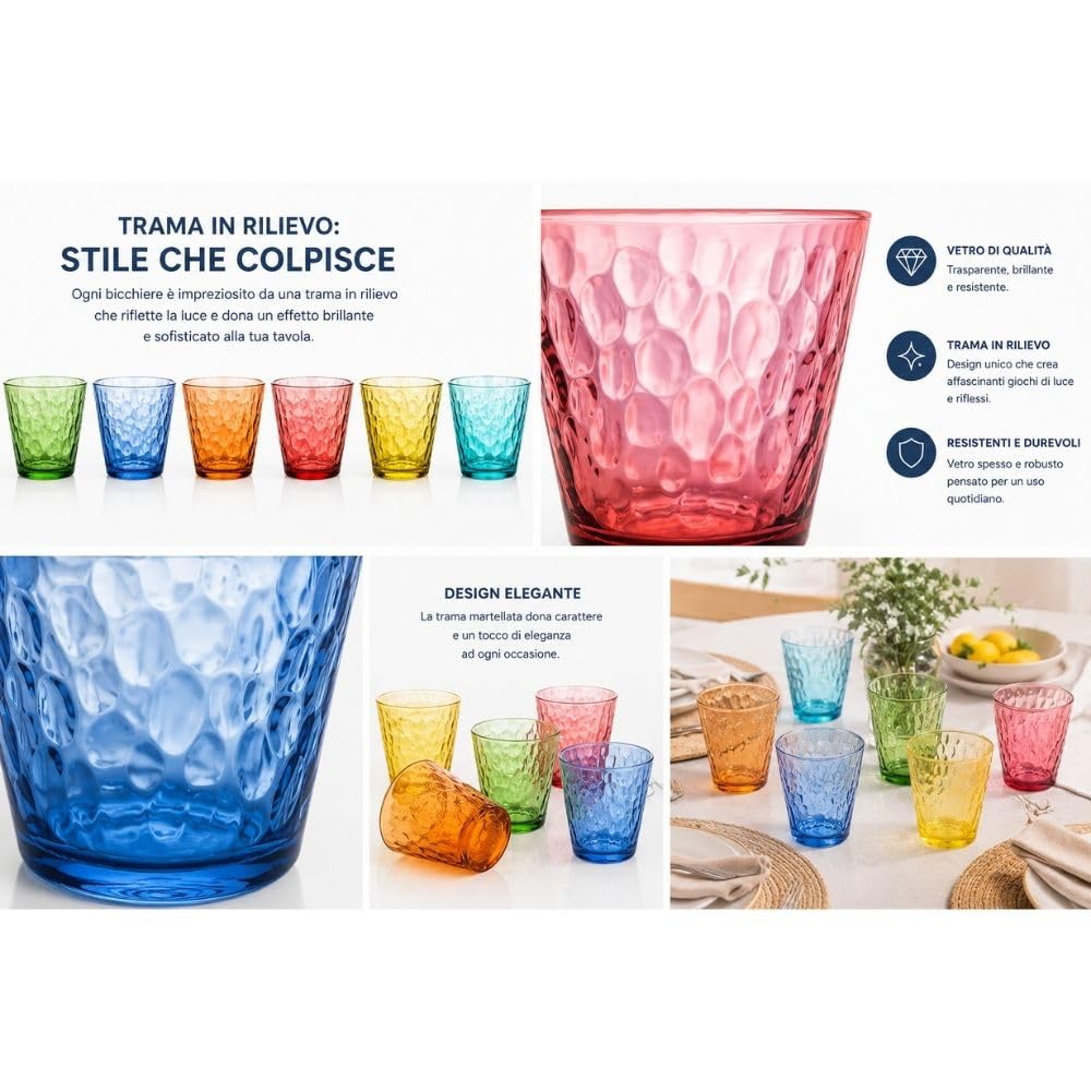 Cecaro Group Set 12 Bicchieri Vetro Colorato 250 ml Martellato