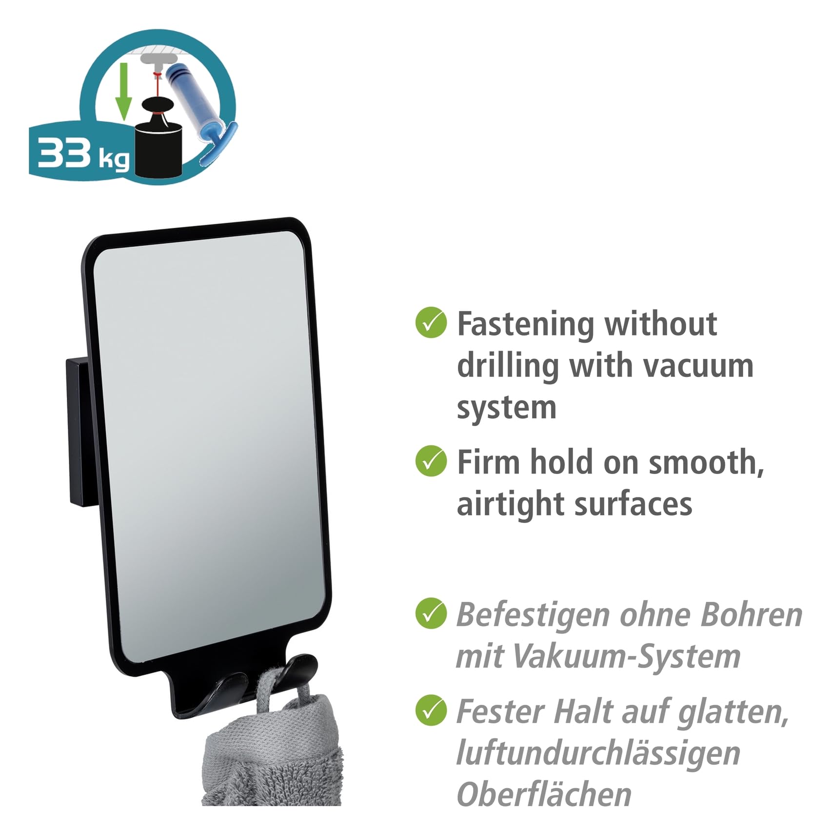 Wenko Vacuum-Loc Quadro specchio antiappannamento nero