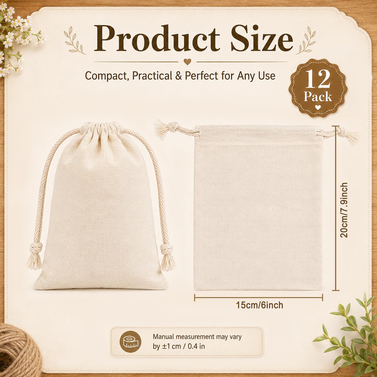 Quelcc Sacchetti Stoffa Cotone 15x20 cm 12 Pezzi Bomboniere
