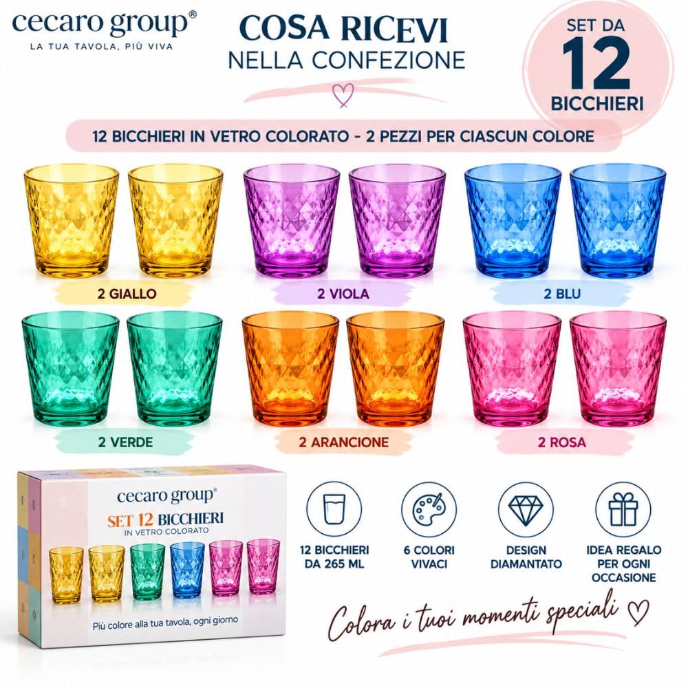 Cecaro Group 12 Bicchieri Colorati 265 ml Vetro Diamantato