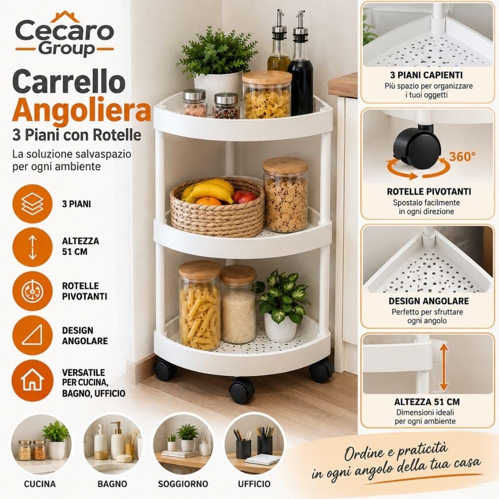 Cecaro Group carrello angoliera bianco 3 ripiani con ruote