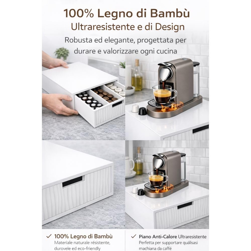 Cecaro Group Porta Capsule Caffè Bambù Bianco 30x30x10 cm 3 Scomparti