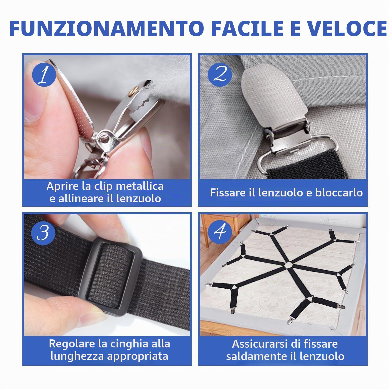 Quelcc Elastici Ferma Lenzuola Clip Regolabili Nero