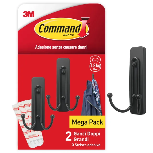 Command Ganci Doppi Grandi ganci adesivi nero opaco 2 pezzi 1,8 kg