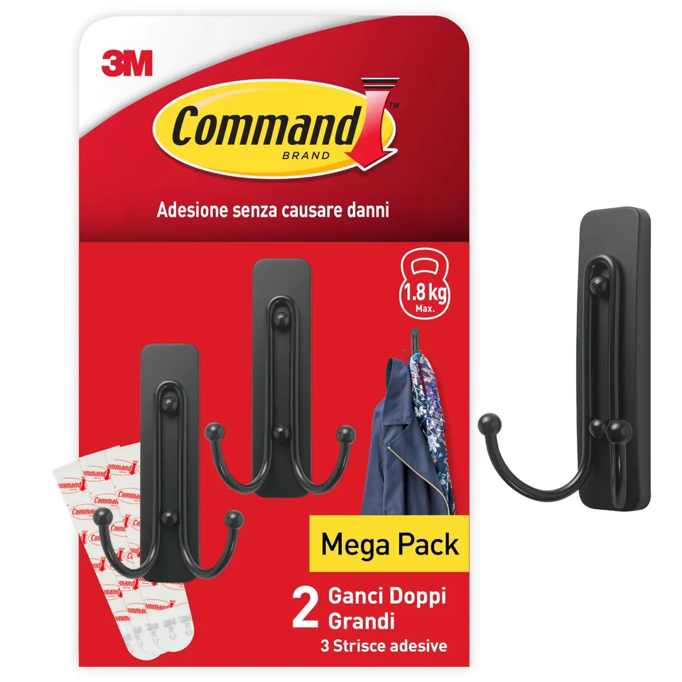 Command Ganci Doppi Grandi ganci adesivi nero opaco 2 pezzi 1,8 kg