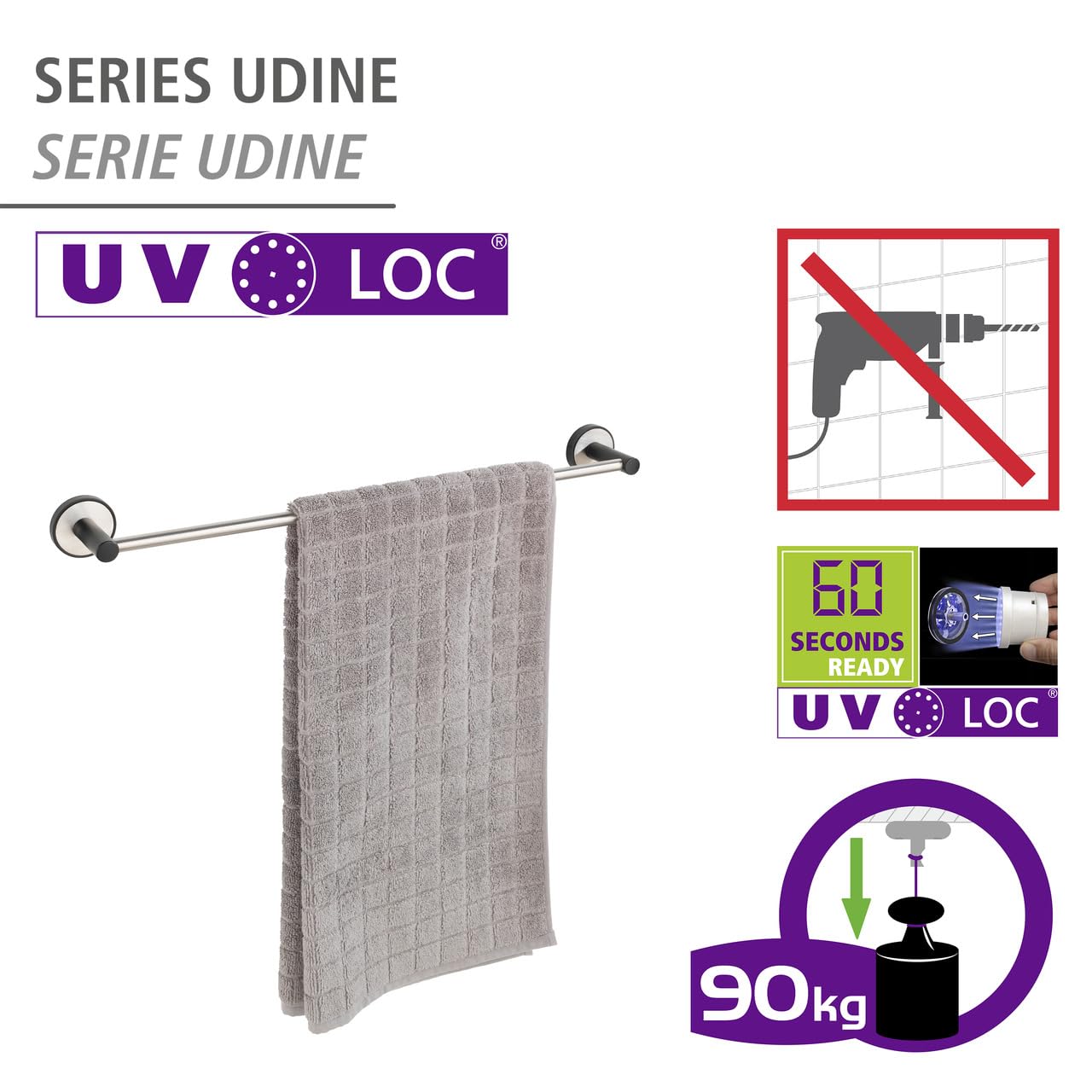 Wenko Udine Uno portasciugamani 61 cm nero senza forare