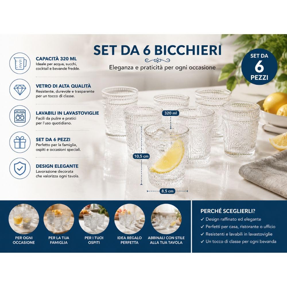Cecaro Group Set 6 bicchieri 320 ml trasparenti decorati