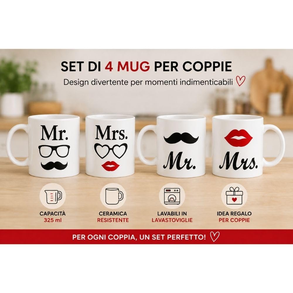 Cecaro Group Set 2 Mug Mr Mrs 325 ml Ceramica Baffo Bocca