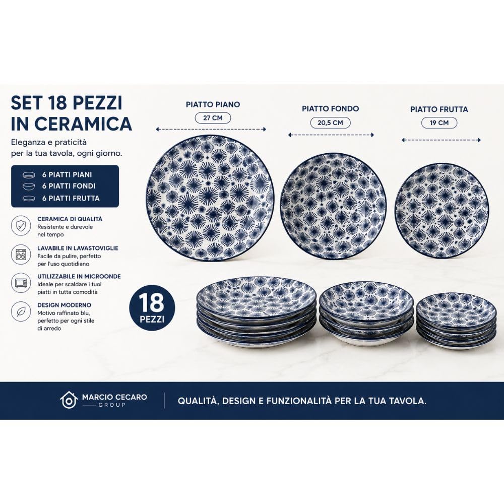Cecaro Group Servizio Piatti 18 Pezzi Ceramica Blu 6 Persone