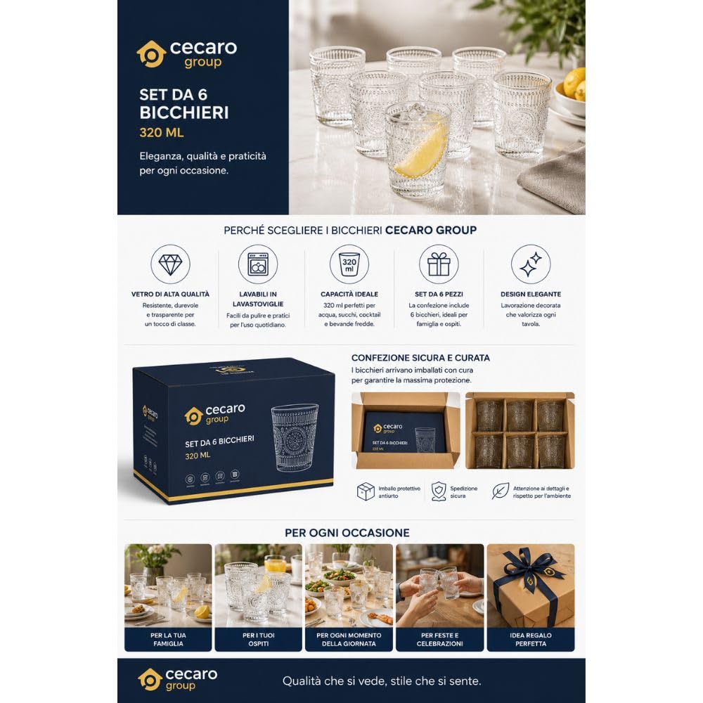 Cecaro Group Set 6 bicchieri 320 ml trasparenti decorati