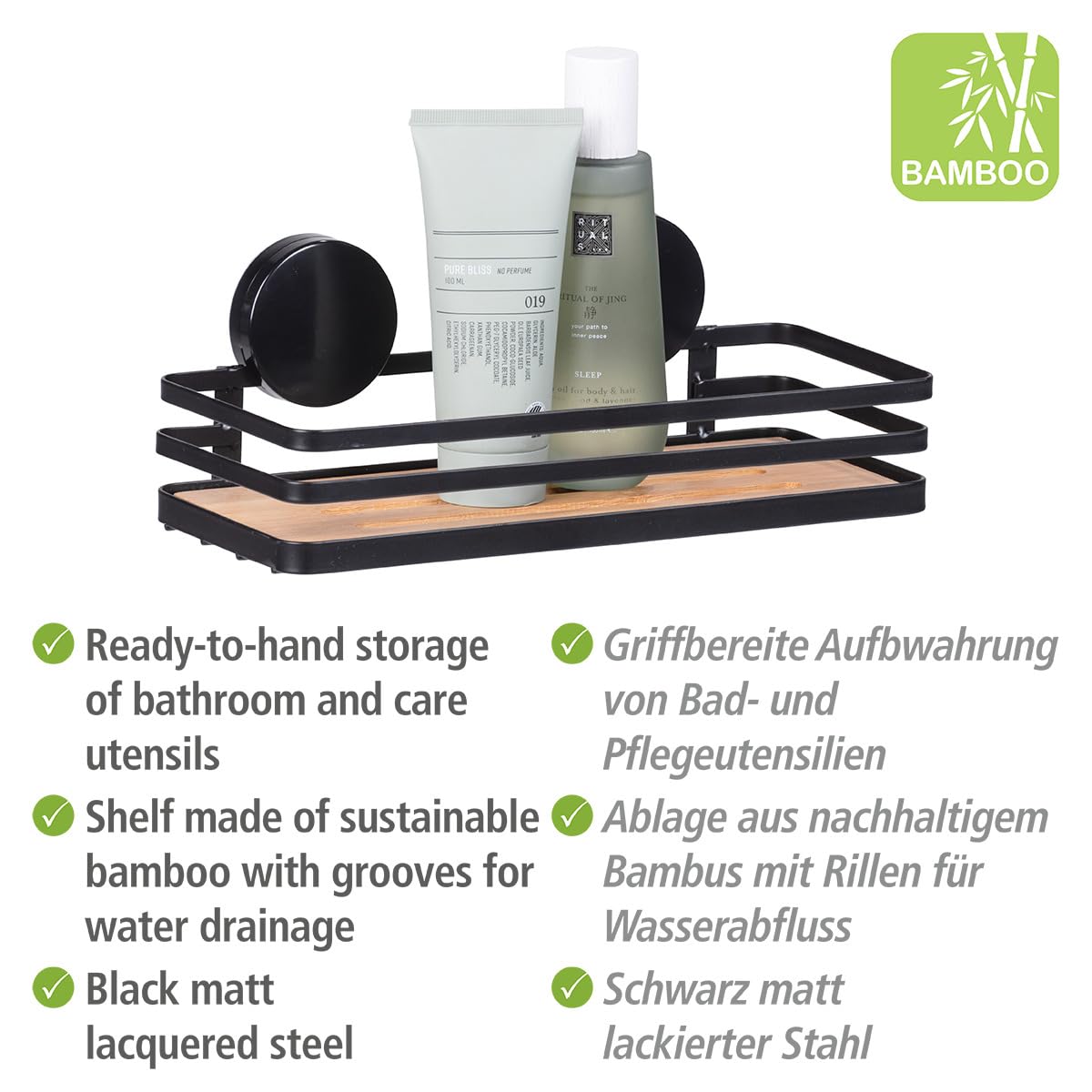 Wenko Alba Static-Loc Plus mensola bagno nero bambù 26,5 cm
