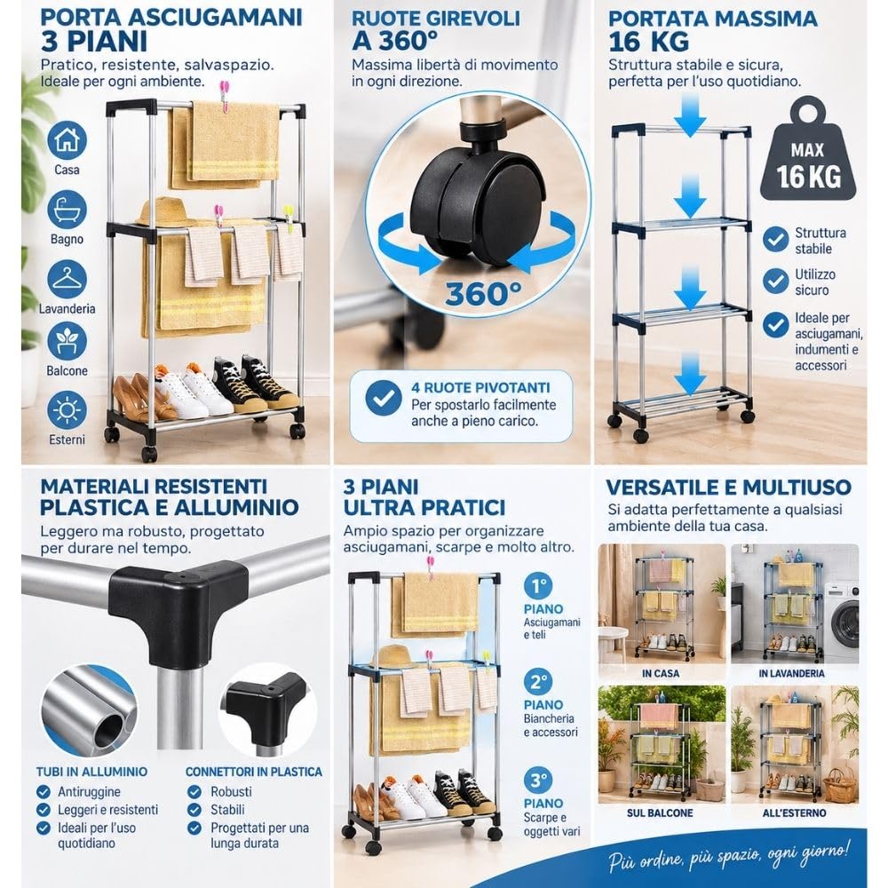 Cecaro Group Porta Asciugamani 3 Piani con Ruote 16 kg