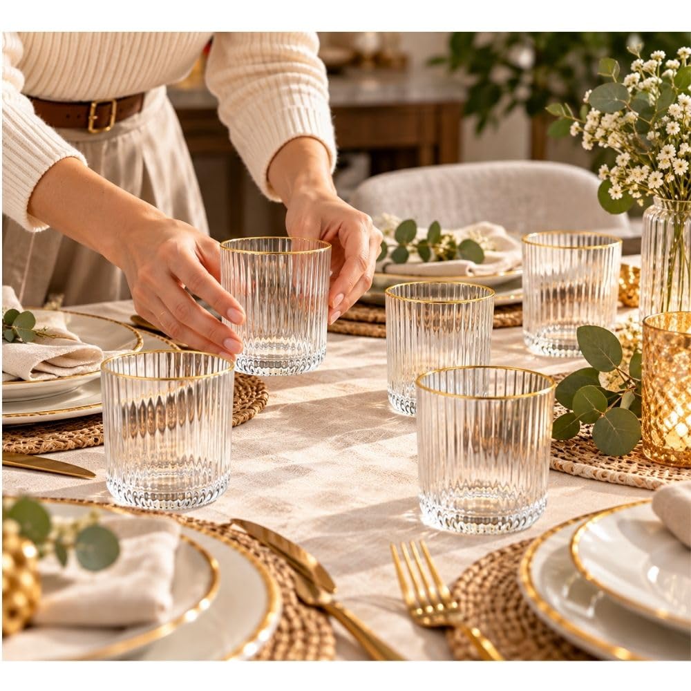 Cecaro Group Set 6 Bicchieri Bordo Oro 270 ml Vetro Rigato