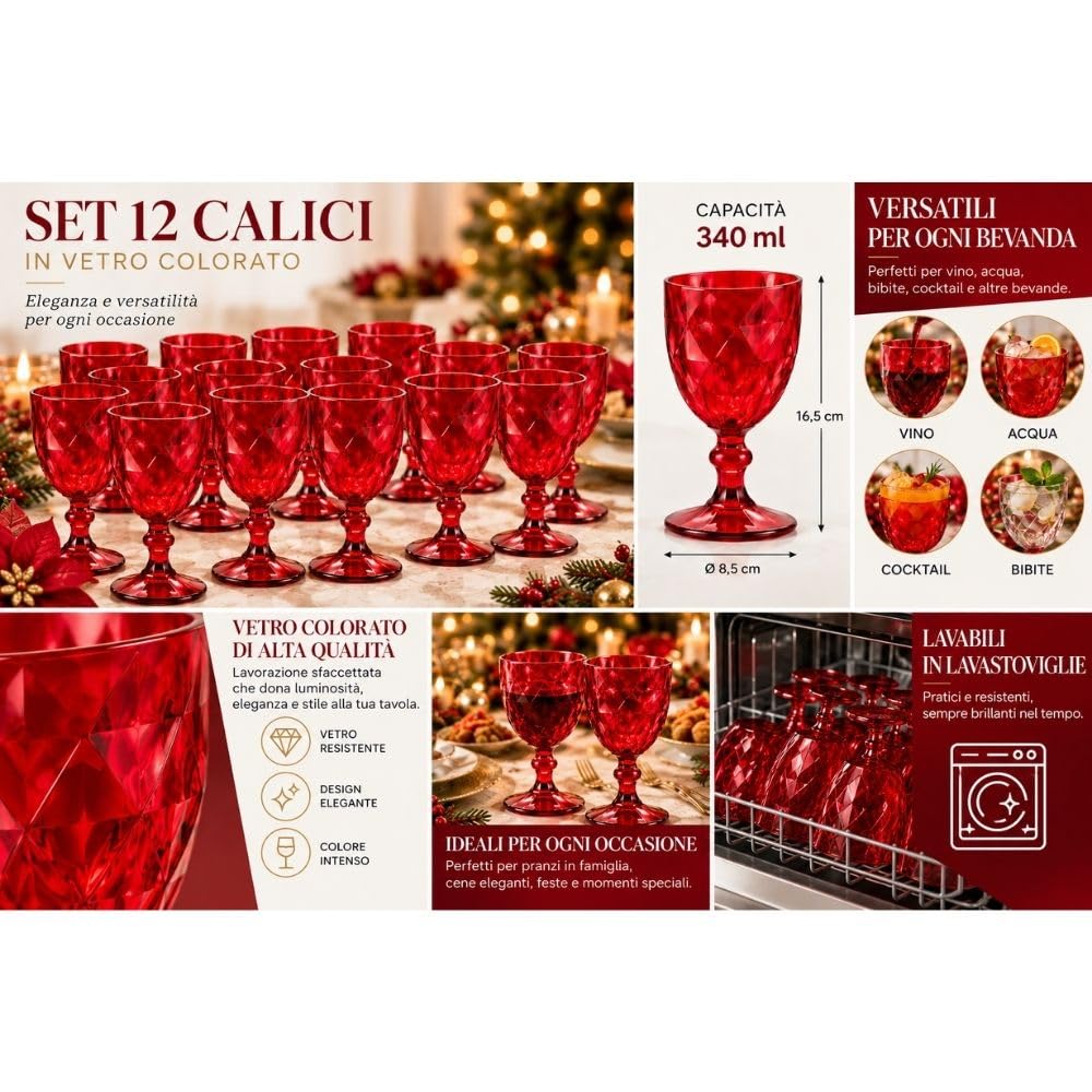Cecaro Group 242 Calici Rossi Vetro 340 ml Set 12 Pezzi