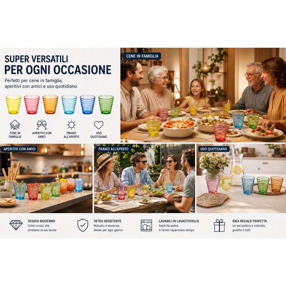 Cecaro Group Set 6 Bicchieri Vetro Colorato 250 ml Righe