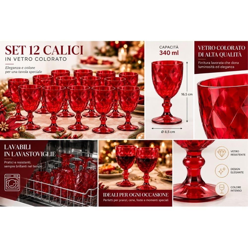Cecaro Group 242 Calici Rossi Vetro 340 ml Set 12 Pezzi