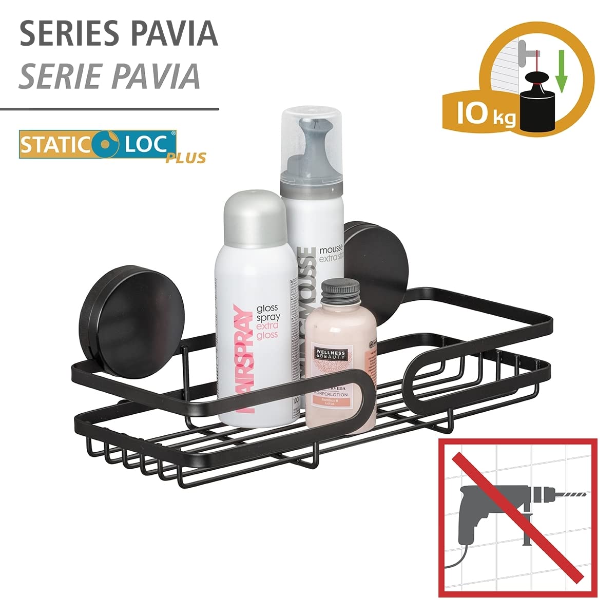 Wenko Static-Loc Plus Pavia mensola nera senza forare 26 cm