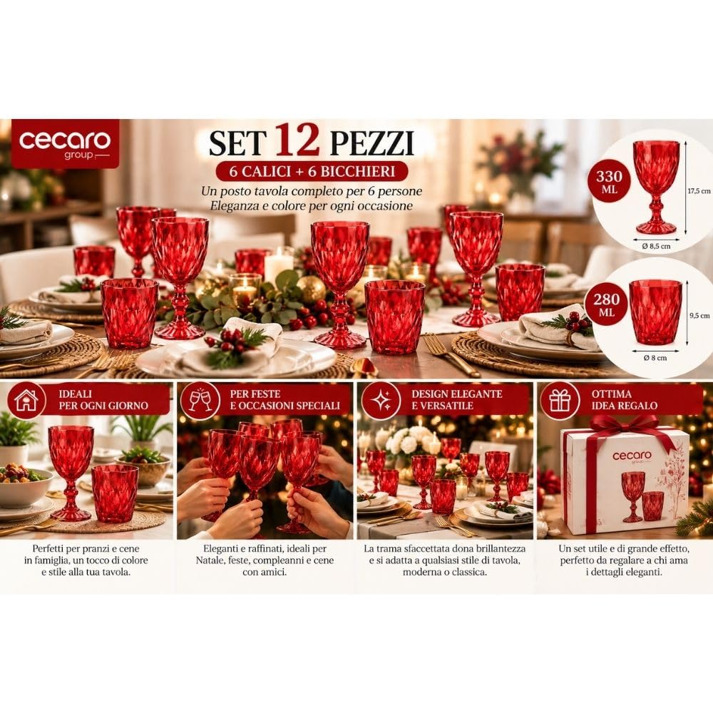 Cecaro Group Set Bicchieri Rossi Diamante 12 Pezzi Vetro
