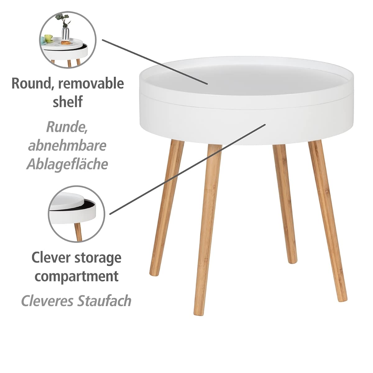 Wenko Finja tavolino rotondo bianco naturale con vassoio
