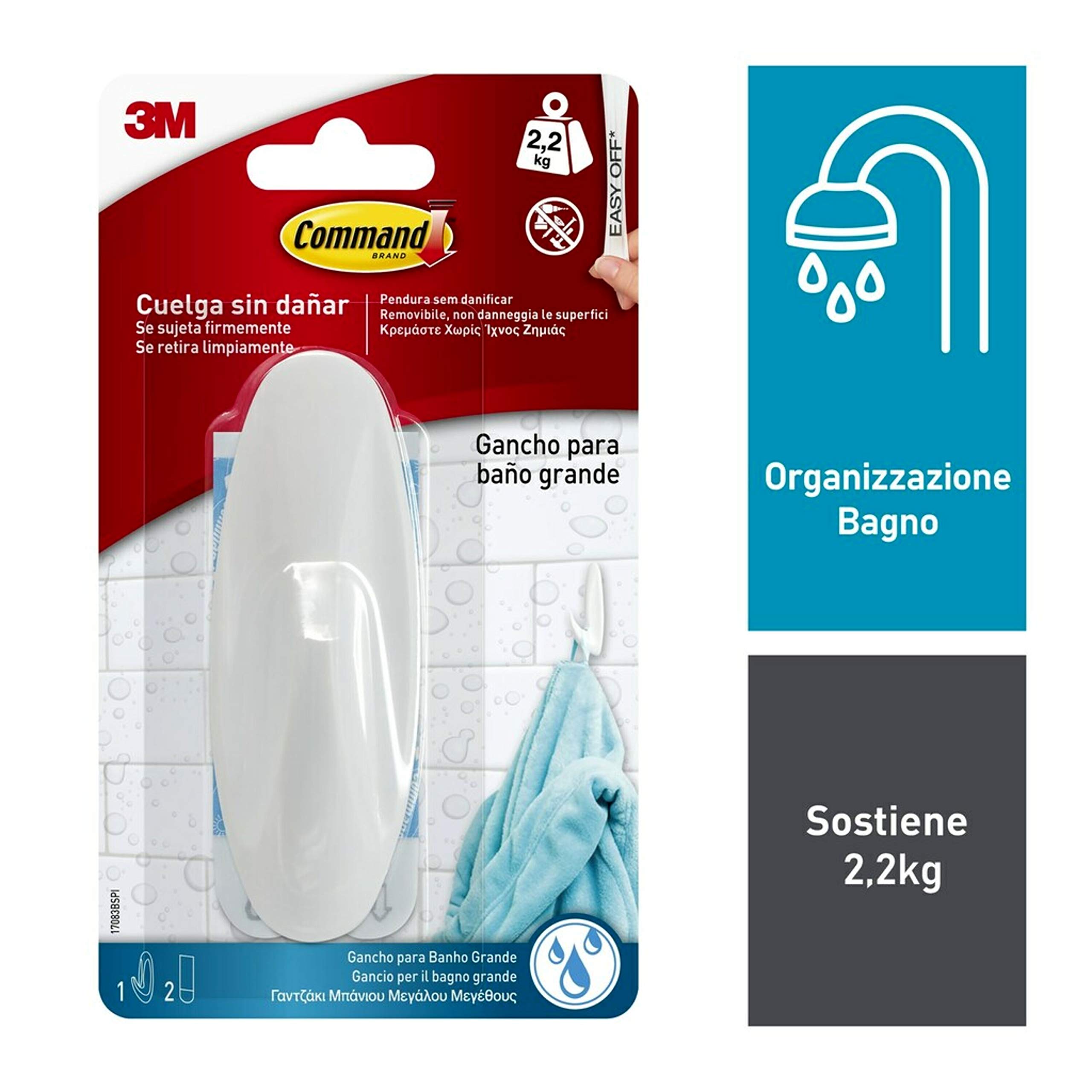 Command Bagno Grande Gancio Adesivo 1 pz 2,2 kg Impermeabile