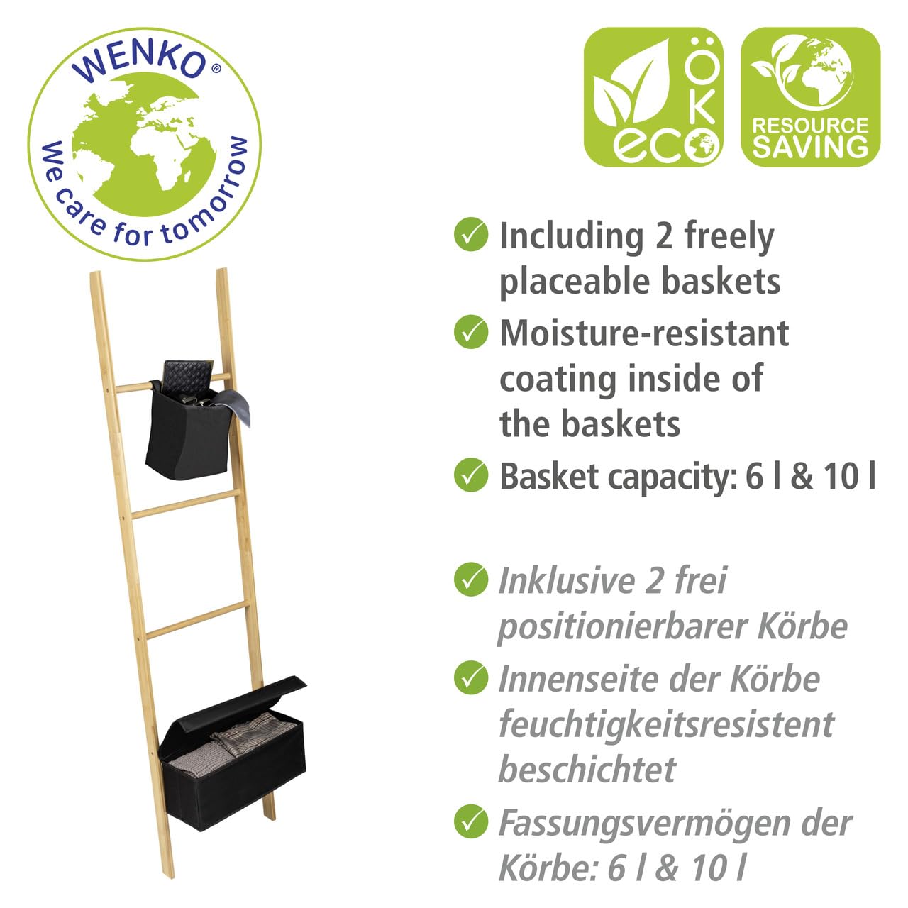 Wenko Ecori scaletta portasciugamani bambu 170 cm 2 cestini