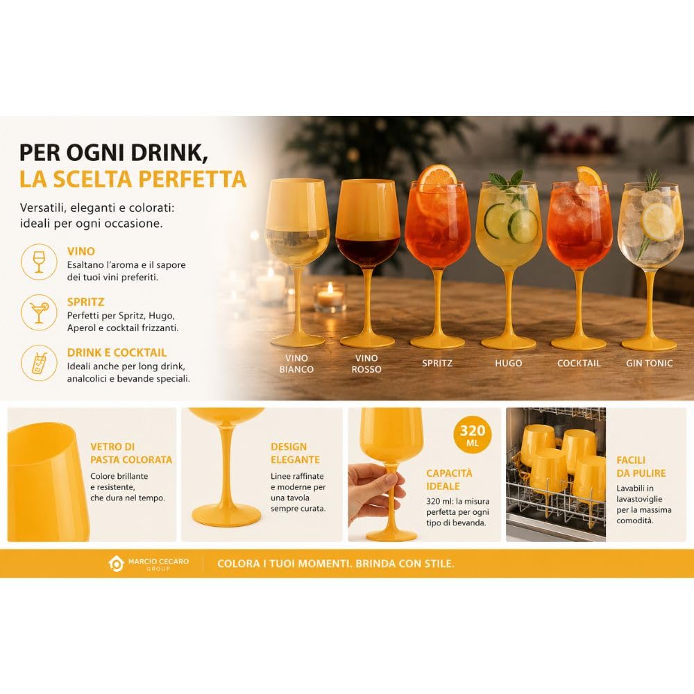 Cecaro Group Set 6 Calici Vetro Giallo 320 ml Pasta Vetro
