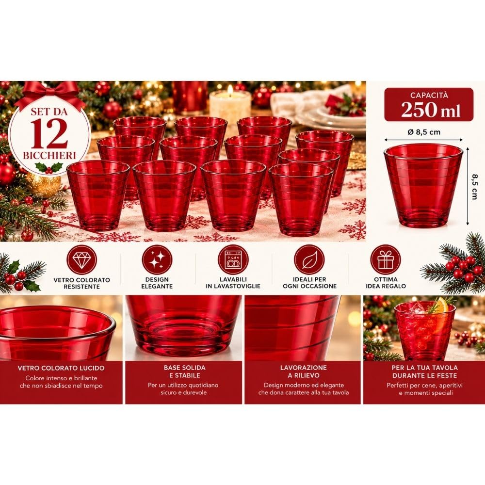Cecaro Group set bicchieri rossi vetro 250 ml 12 pezzi linee