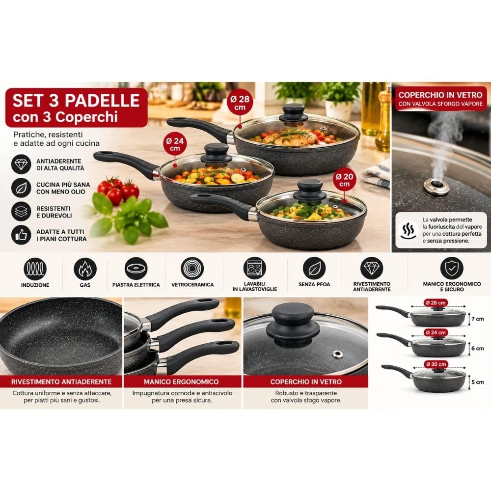 Cecaro Group set 3 padelle antiaderenti 20 24 28 cm nero