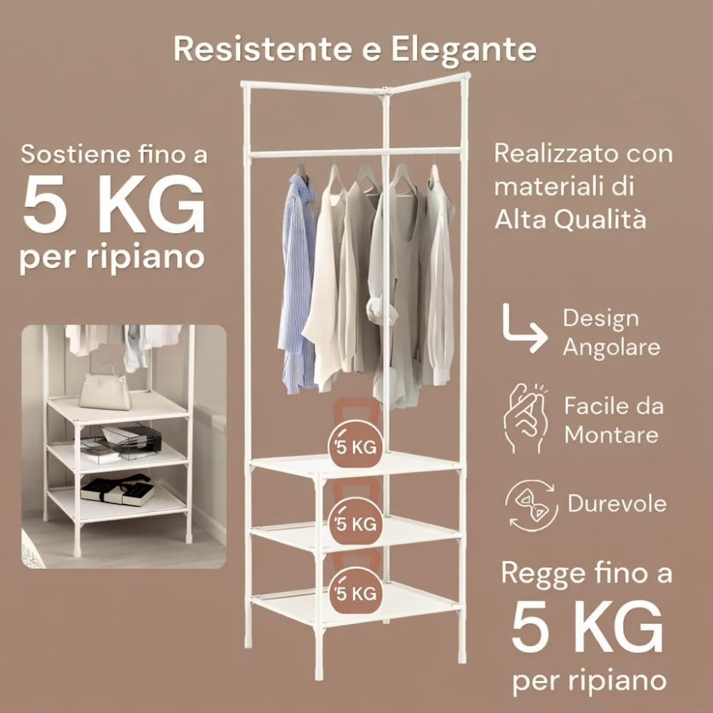 Cecaro Group Angolare appendiabiti 180x45x45 cm bianco 3 ripiani