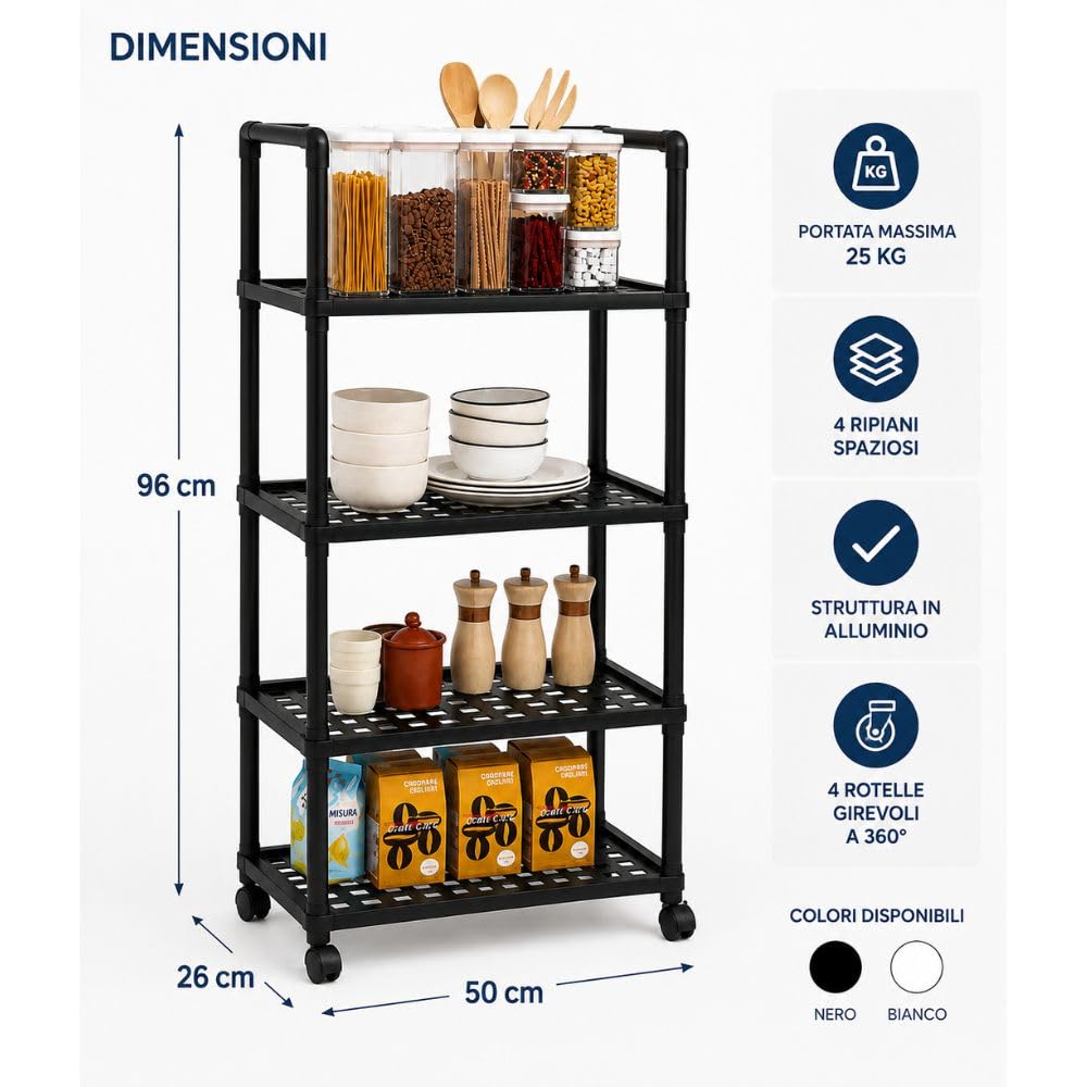 Cecaro Group Carrello Multiuso 4 Ripiani Nero 25 kg