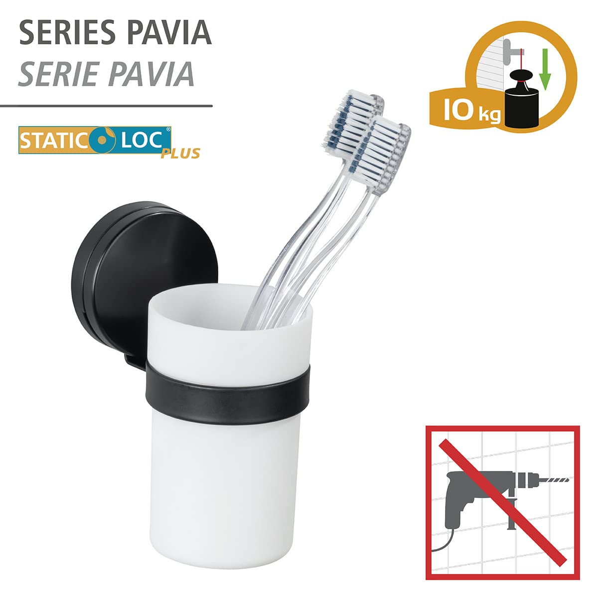 Wenko Pavia Static-Loc Plus bicchiere portaspazzolini nero senza forare