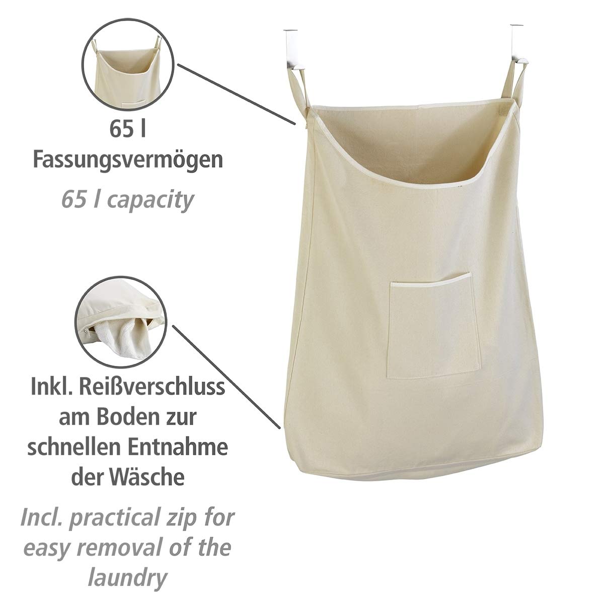 Wenko Canguro 62107100 Cesto Portabiancheria Beige 65 L Cotone
