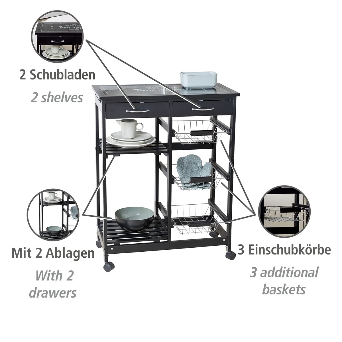 Wenko Bon Appetit Carrello Cucina nero 67x86,5x35 cm