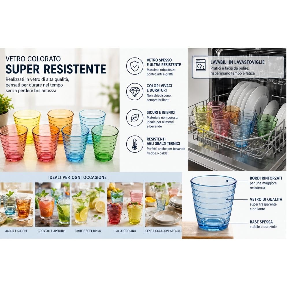 Cecaro Group Set 12 Bicchieri 250 ml Vetro Colorato 6 Colori