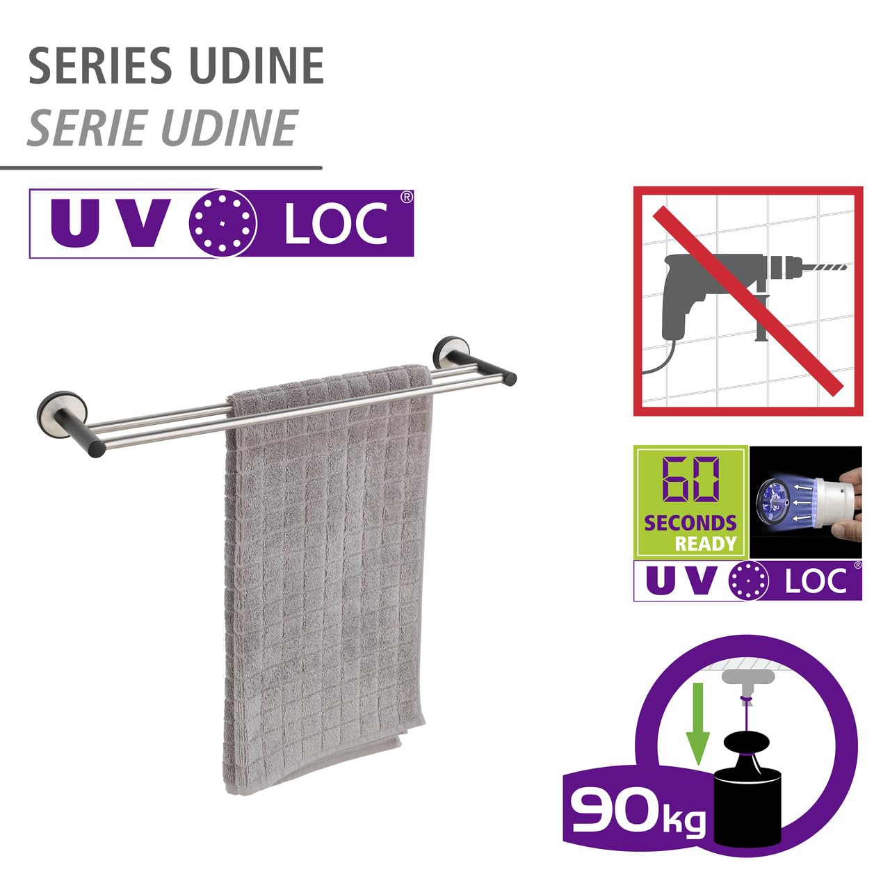 Wenko Udine Duo 25015100 asta asciugamani nera opaca 61 cm