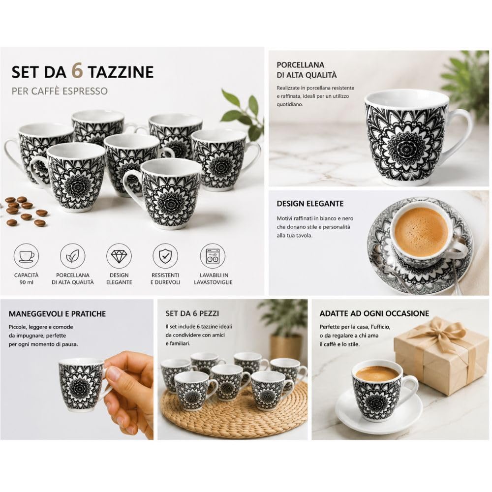 Cecaro Group tazzine caffè porcellana 90 ml set 6 decoro nero