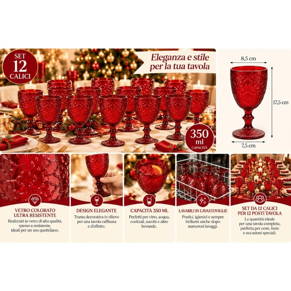 Cecaro Group Mosaico Calici Rossi Vetro 350 ml Set 12 Pezzi