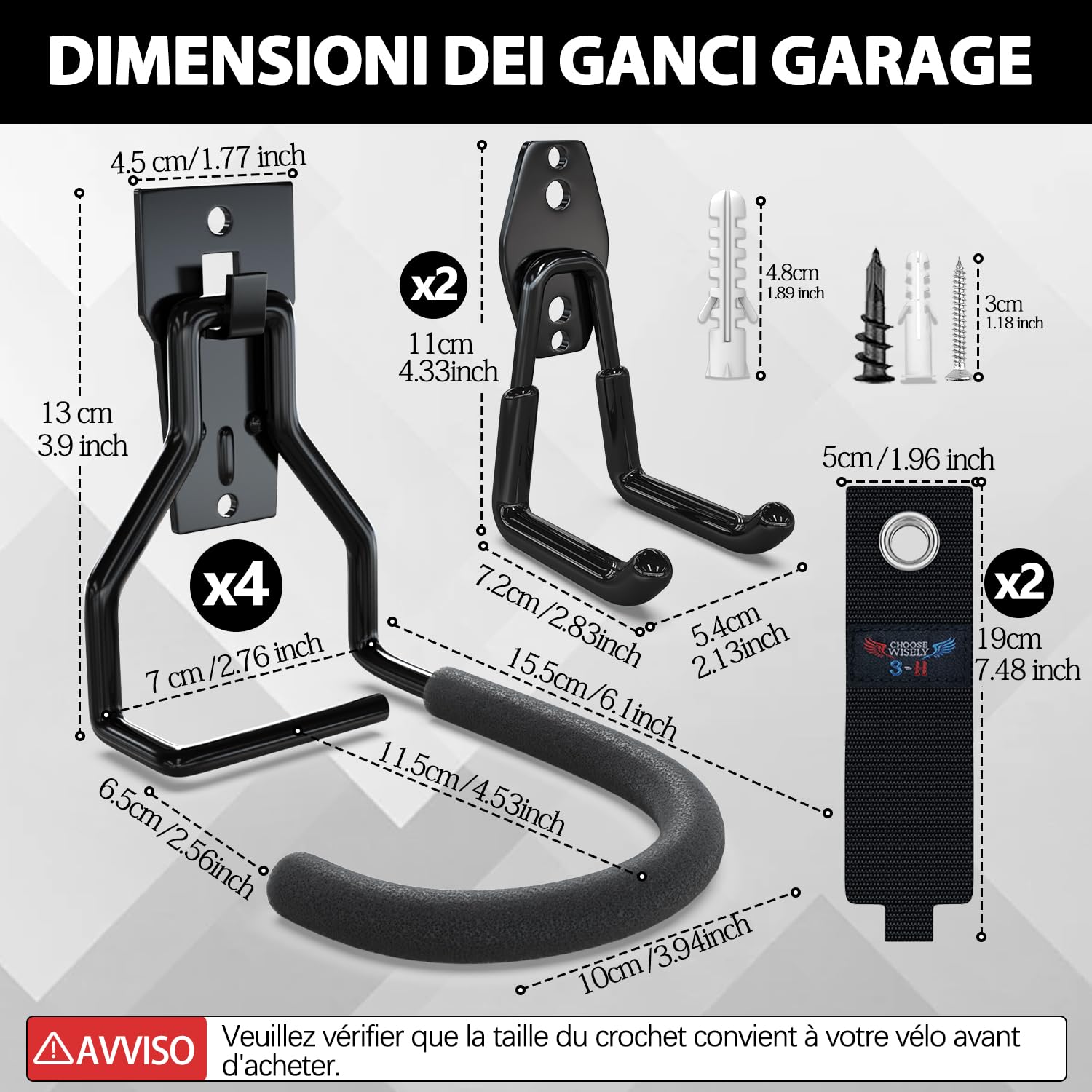 3-H gancio bici da muro acciaio 45 kg 8 pezzi