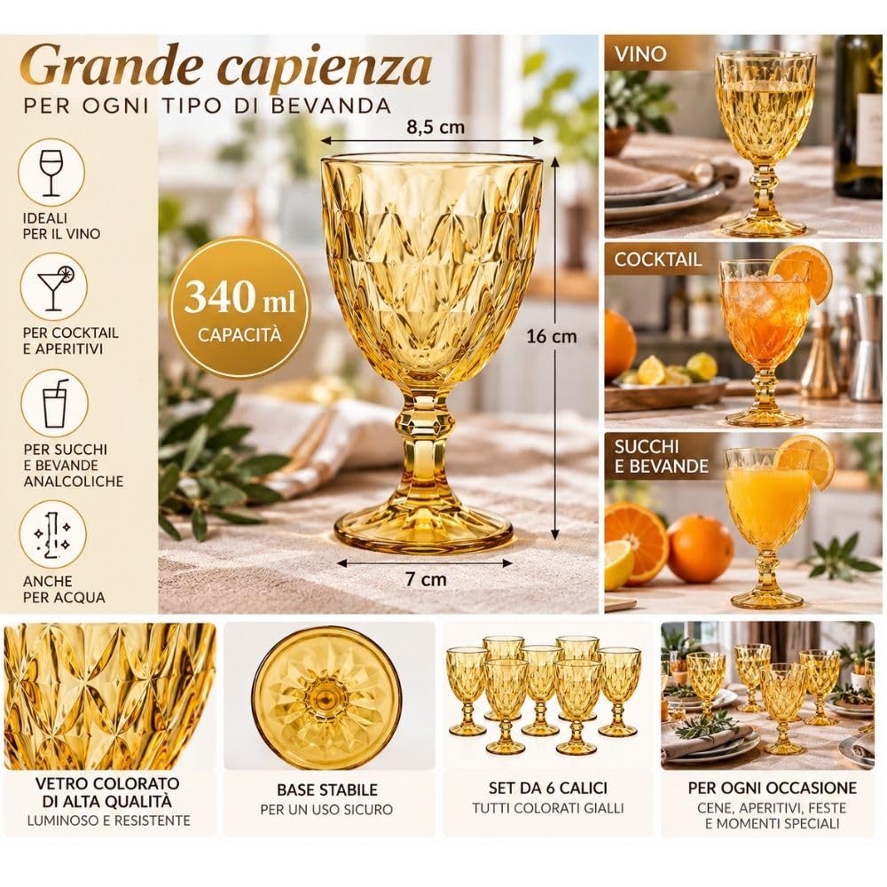 Cecaro Group Set 6 Calici Gialli 340 ml in vetro con gambo