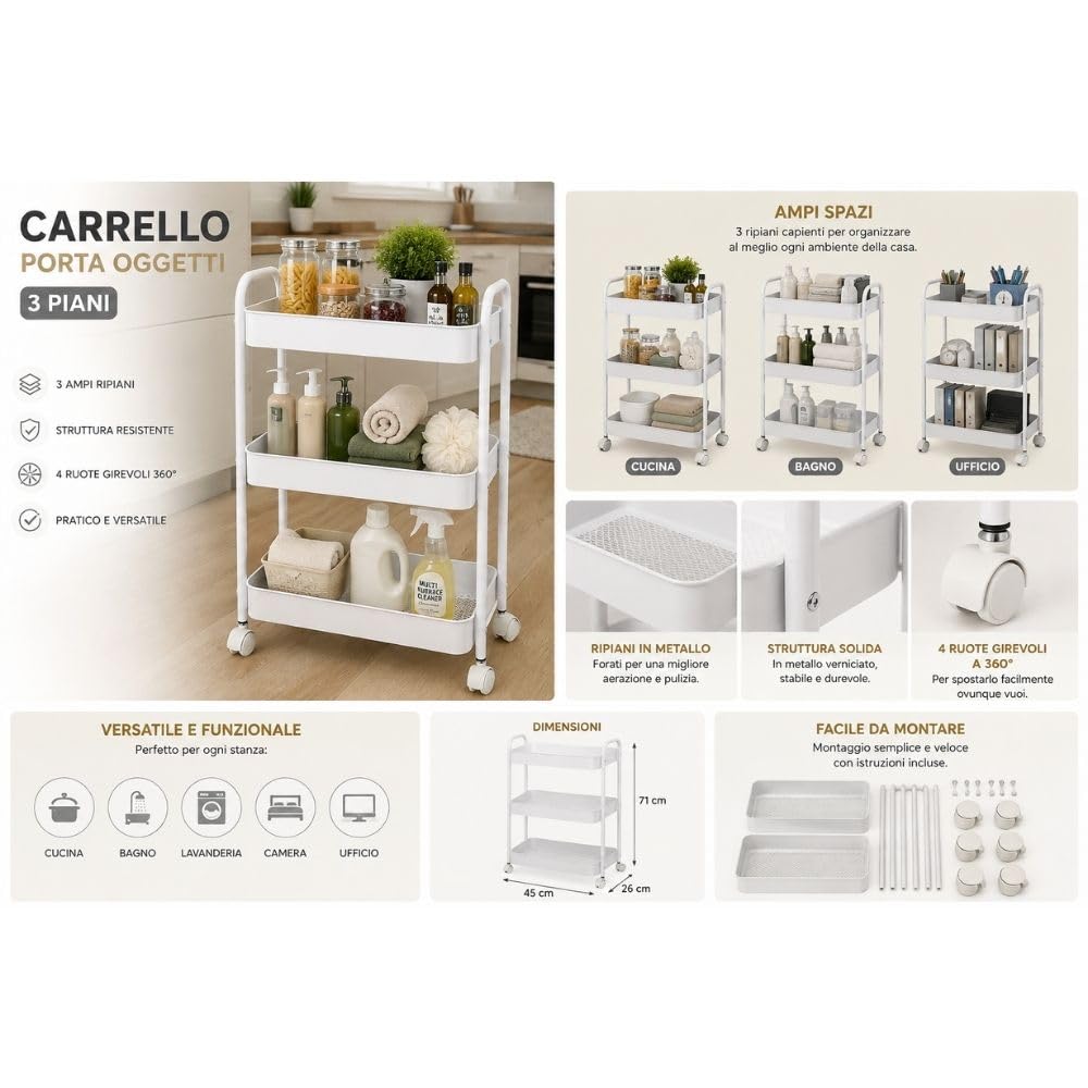 Cecaro Group Carrello 3 Ripiani Metallo Verde Salvia 45x30x78 cm