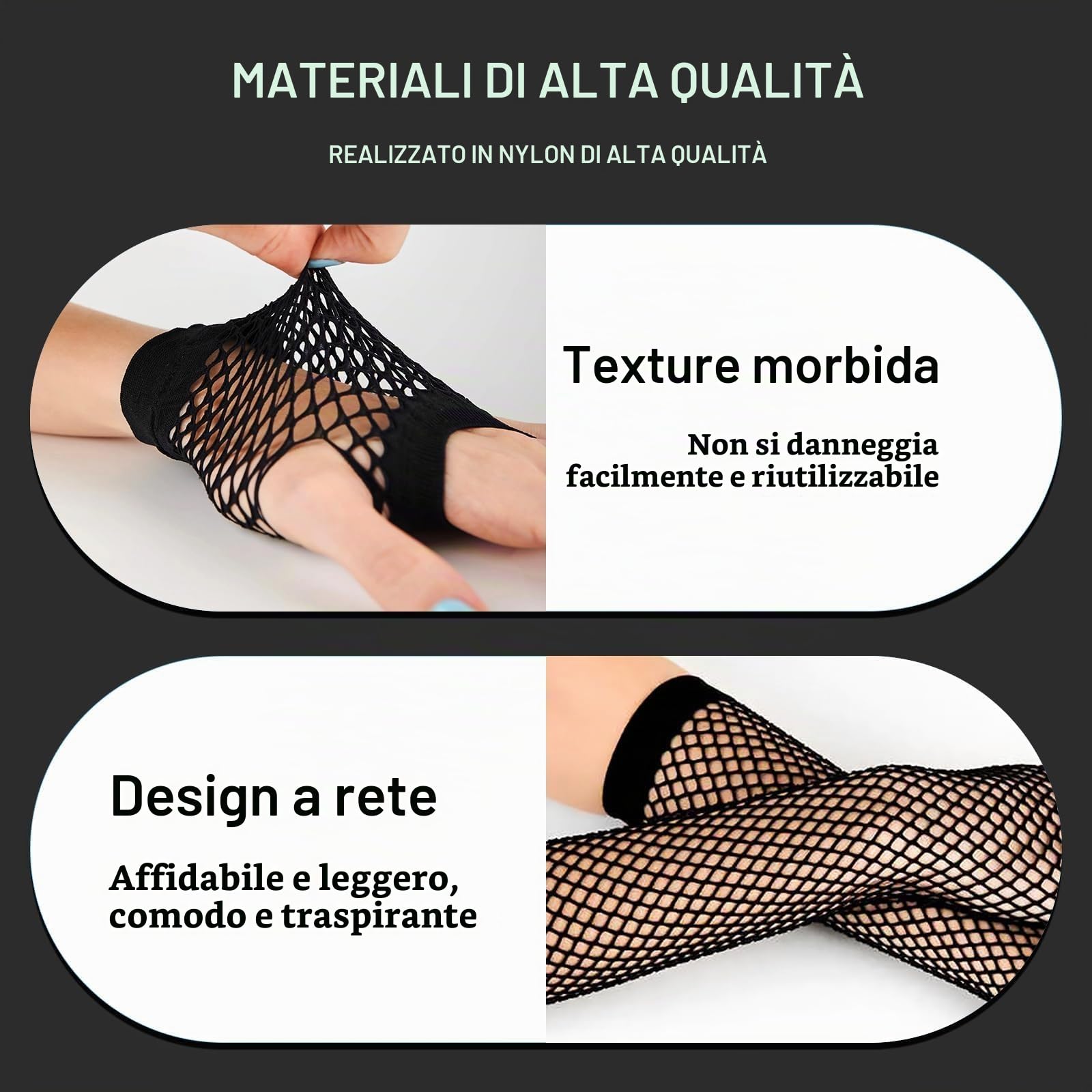 Quelcc guanti a rete senza dita neri 4 paia anni 80