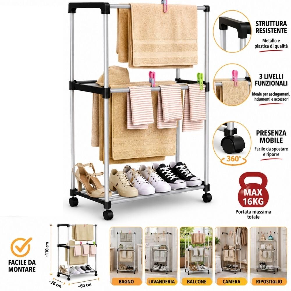Cecaro Group Porta Asciugamani 3 Piani con Ruote 16 kg