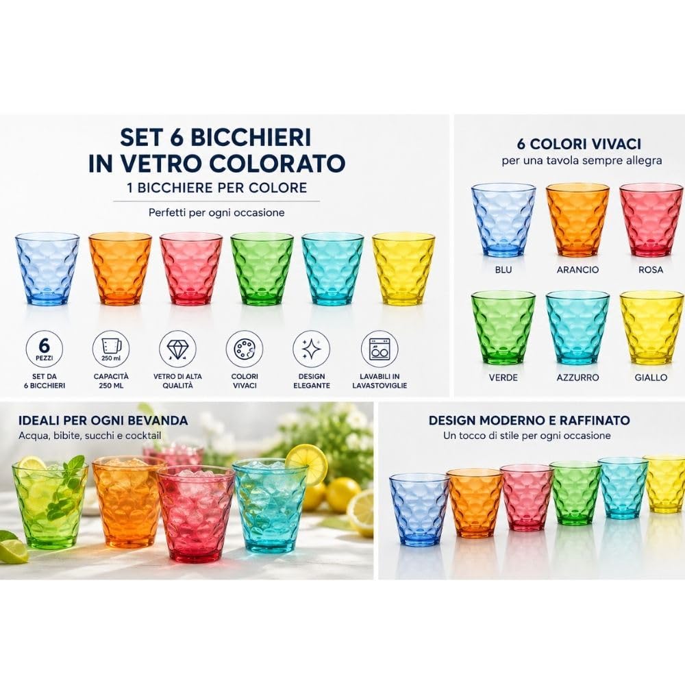 Cecaro Group Set 6 Bicchieri 250 ml Vetro Colorato Bolle