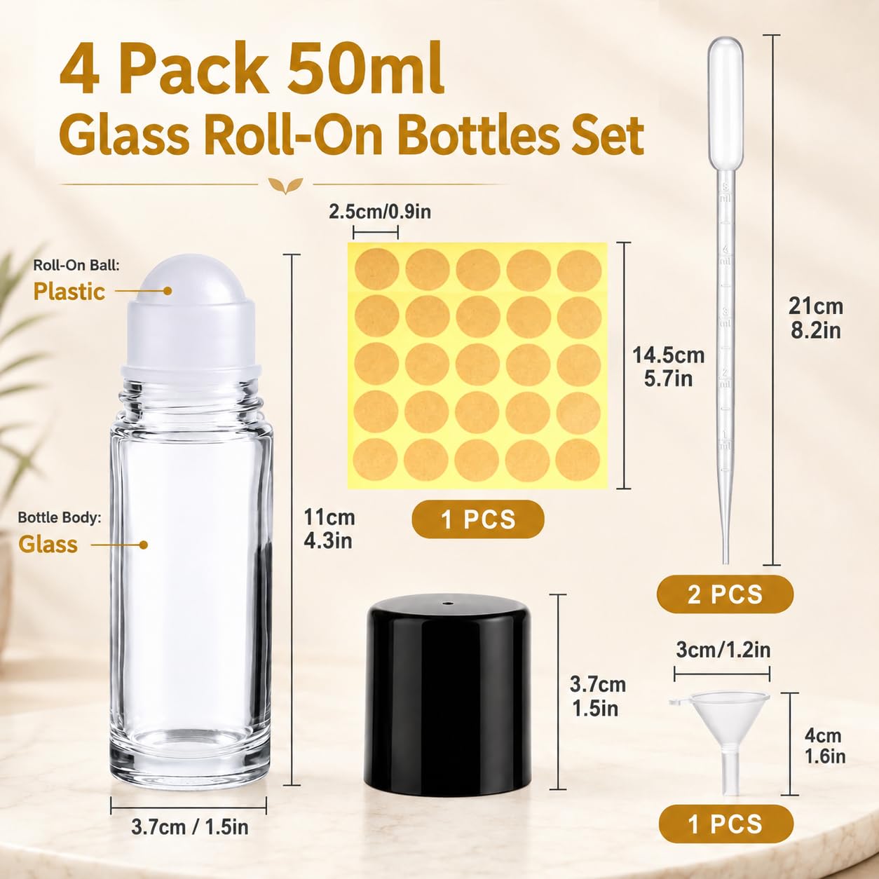 Quelcc bottiglie roll-on vetro 50 ml set 4 pezzi pipette