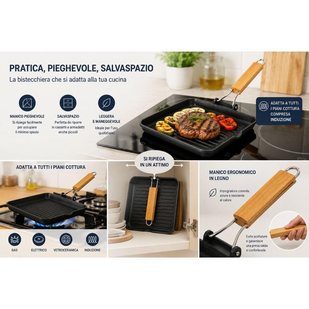 Cecaro Group Bistecchiera Antiaderente 24x24 cm Induzione Legno