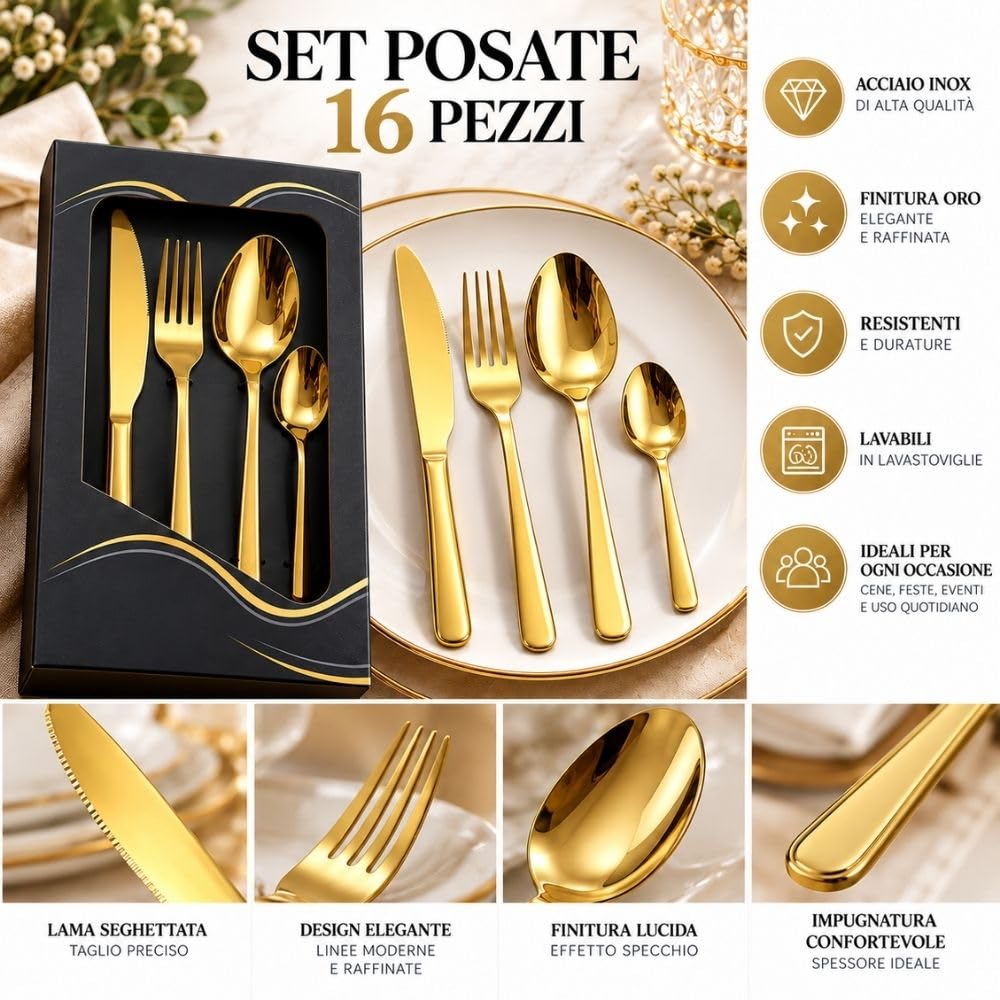 Cecaro Group Set Posate Oro 16 Pezzi Acciaio per 4 Persone