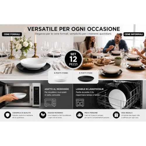 Cecaro Group servizio piatti ceramica 12 pezzi nero bianco 6 persone