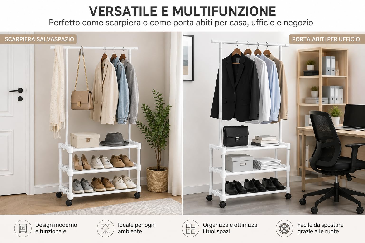 Cecaro Group 3 Ripiani stand appendiabiti nero 18 kg con ruote