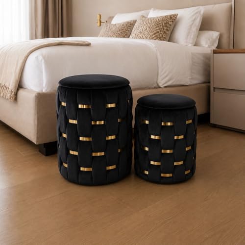 Cecaro Group Set 2 Pouf Contenitore Velluto Nero Salvaspazio